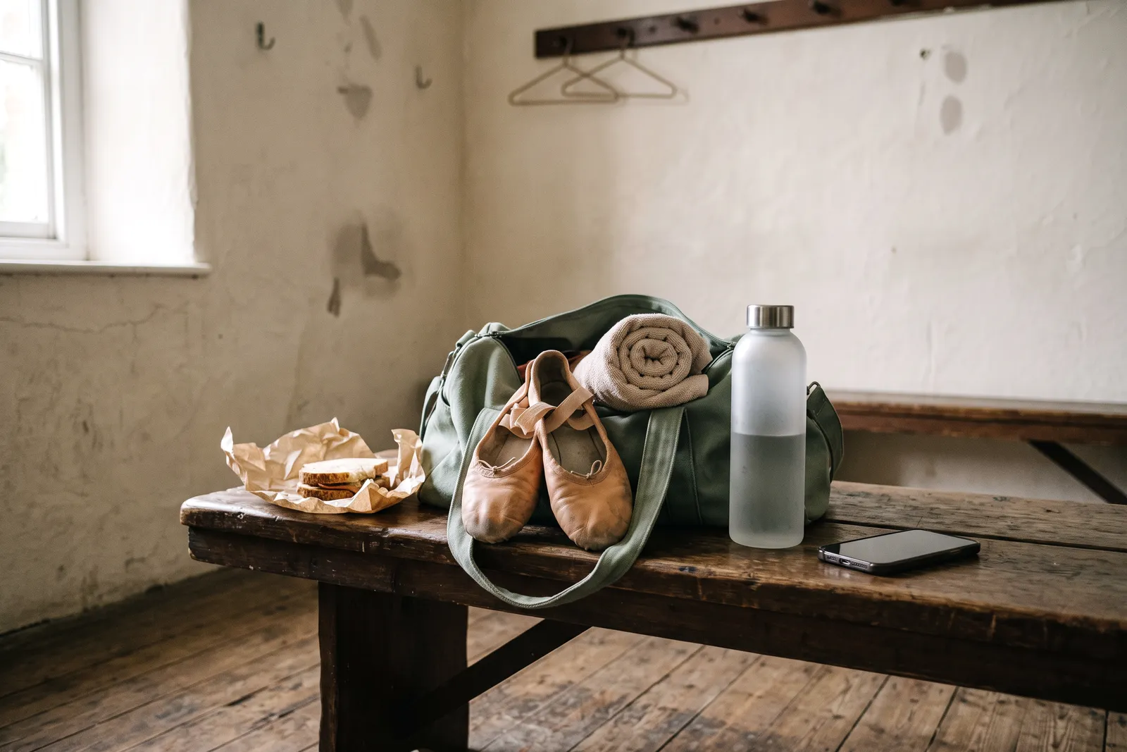 Un bolso de danza abierto en un banco de madera, con zapatillas de ballet, una botella y un sándwich a medio comer.