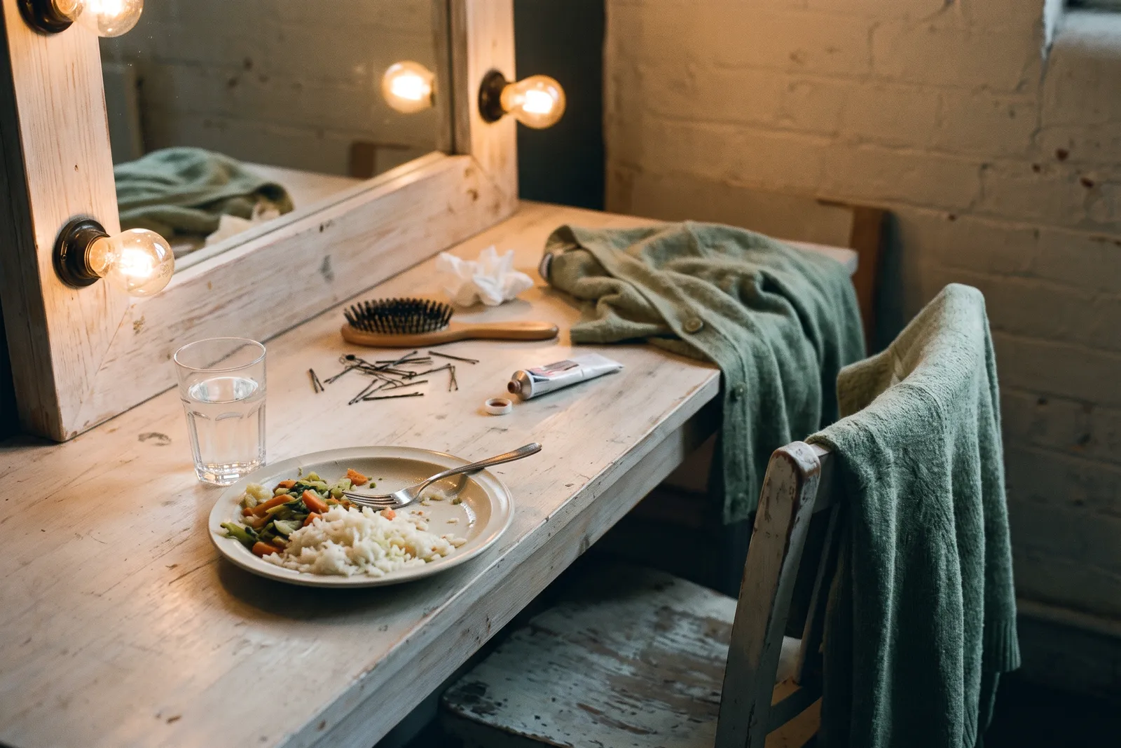 Un camarín con luces de espejo y un plato de arroz con verduras comido a medias sobre la mesa.