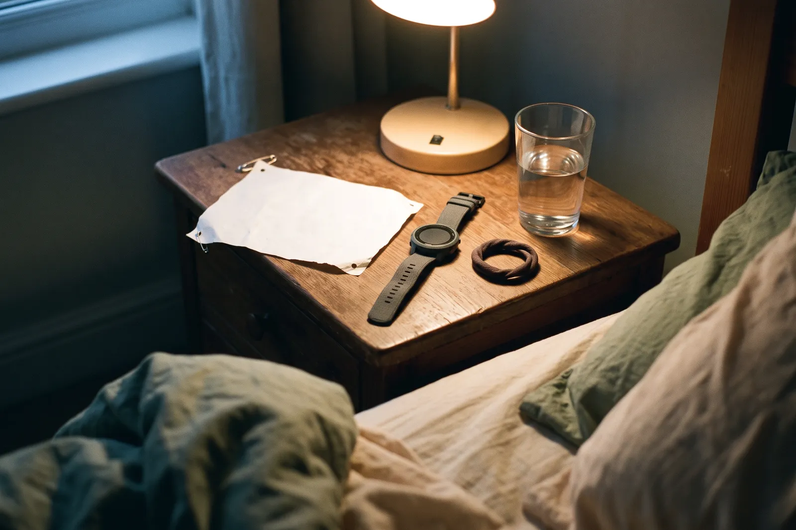 Una mesa de luz con un dorsal de carrera, un reloj deportivo y un vaso de agua, junto a una cama deshecha.