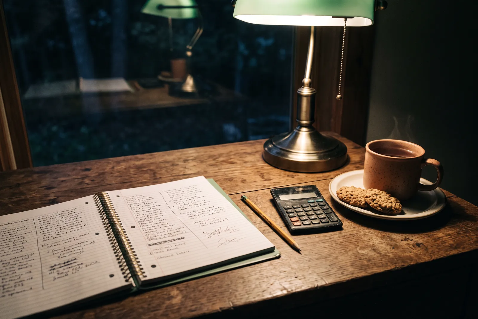 Un cuaderno de cuentas abierto de noche, con una calculadora, una taza y unas galletas caseras bajo la luz de un velador.
