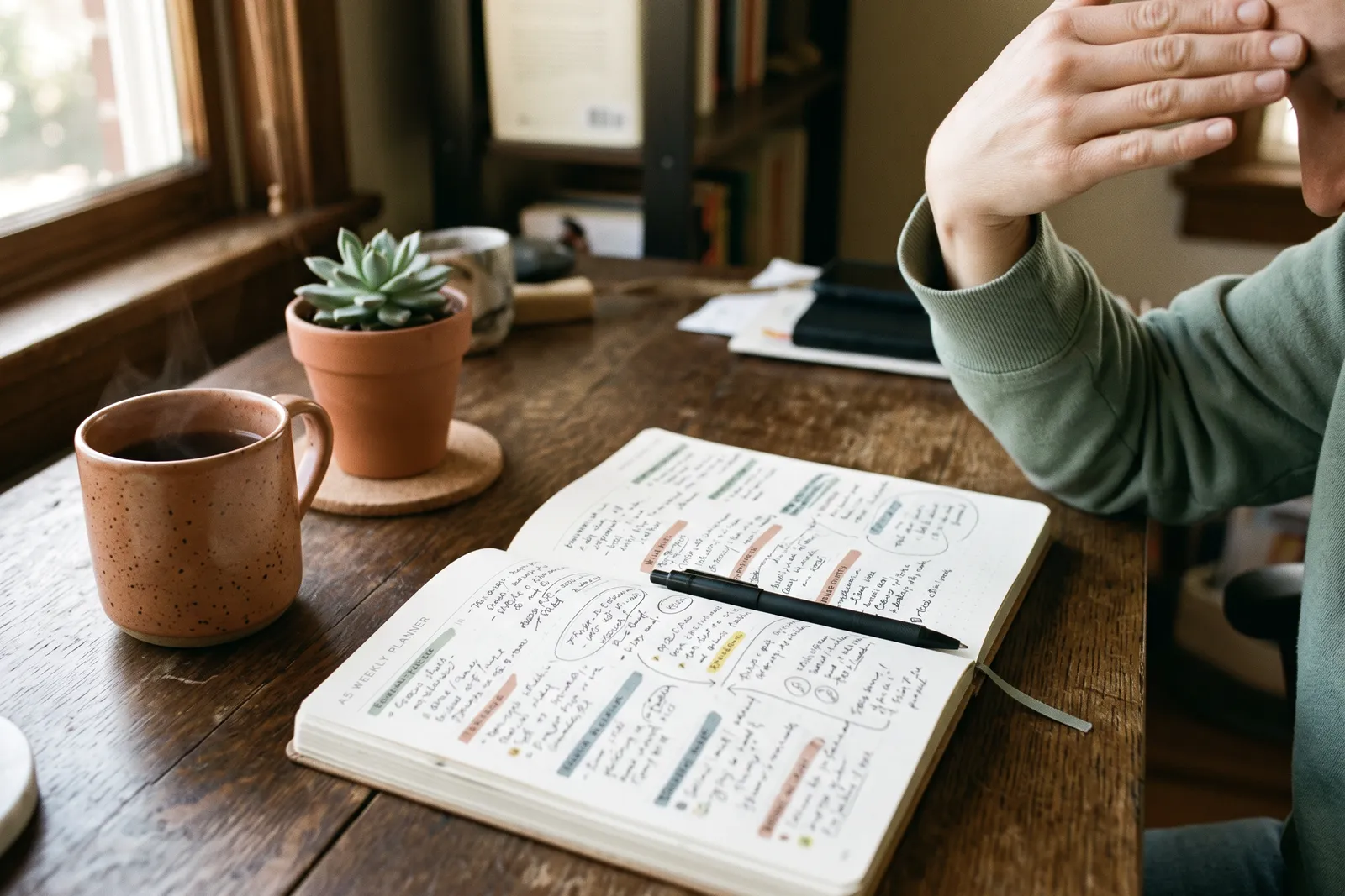 Una agenda semanal llena de anotaciones sobre una mesa de madera, con una mano apoyada en la frente al borde del cuadro.
