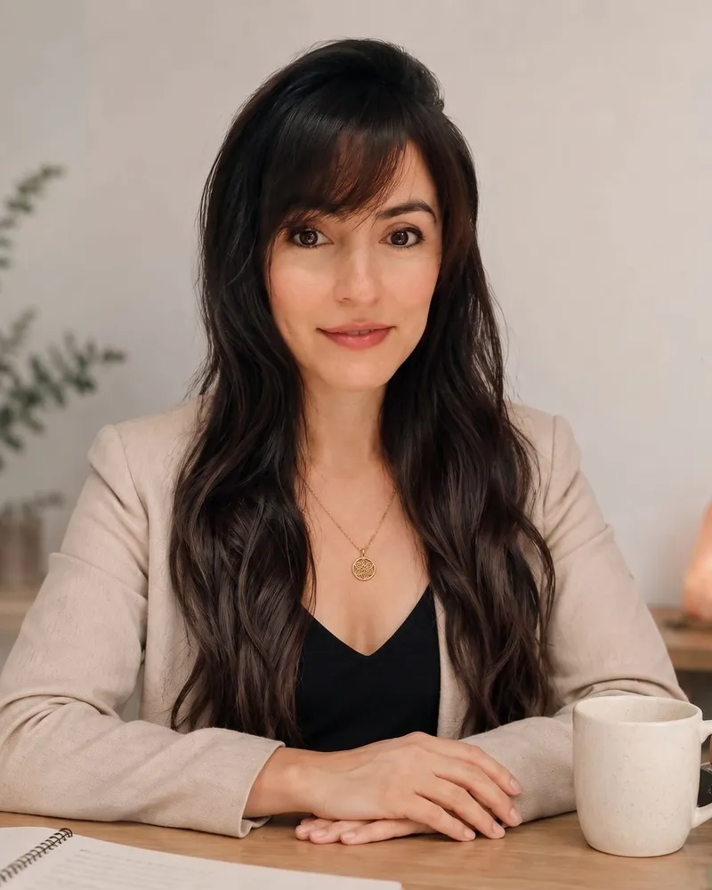 Pamela Altamiranda, coach fisiológica, sentada a una mesa de madera con una planta y una taza, en luz natural